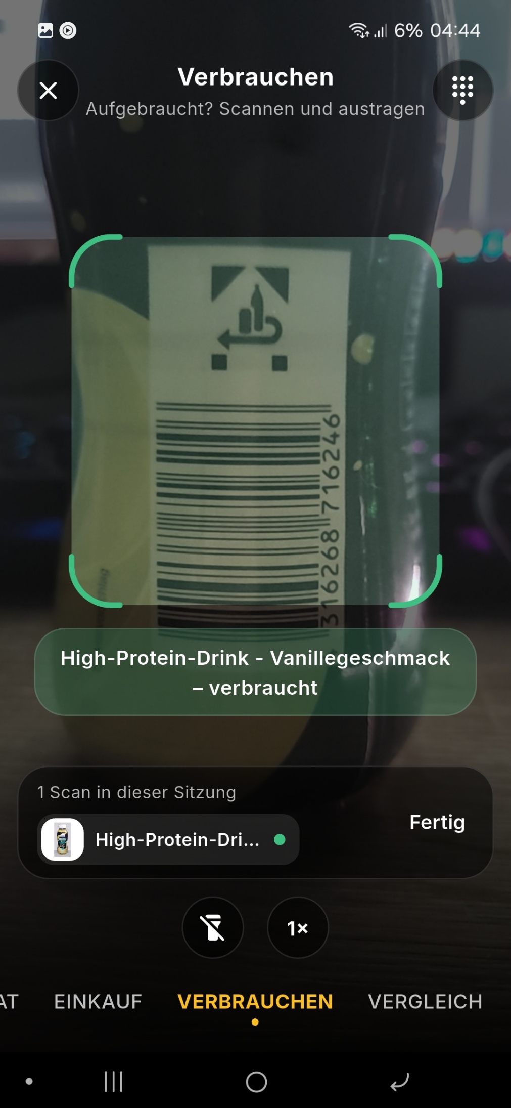 App-Screenshot: Aufgebrauchtes Produkt per Scan austragen