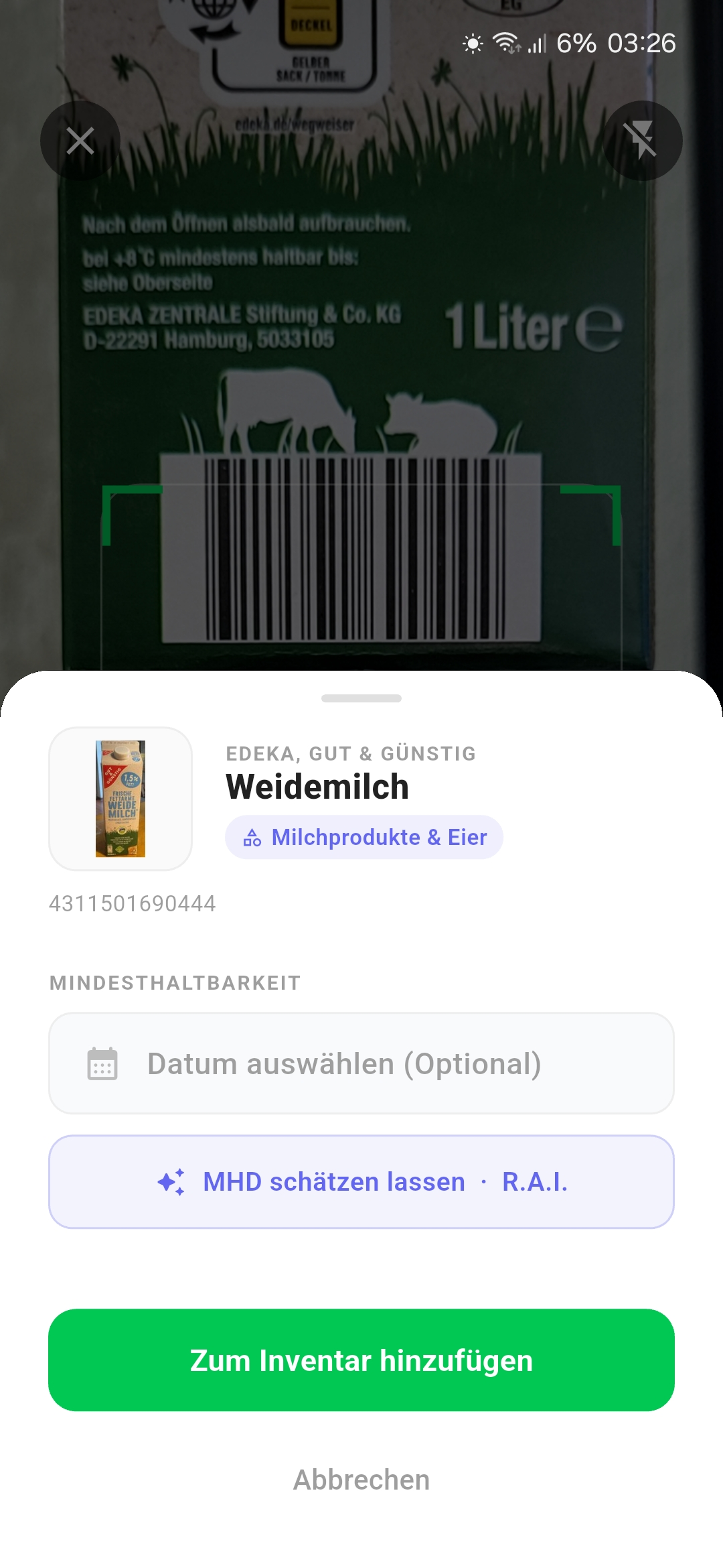 App-Screenshot: Einkauf scannen. Fertig.