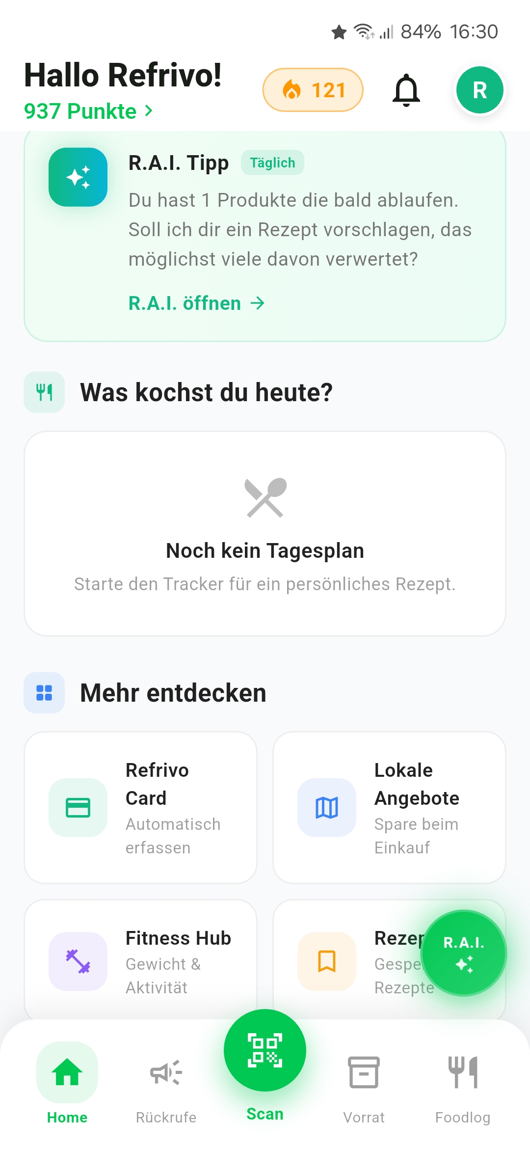 App-Screenshot: Was kochst du heute? R.A.I. hat eine Idee.