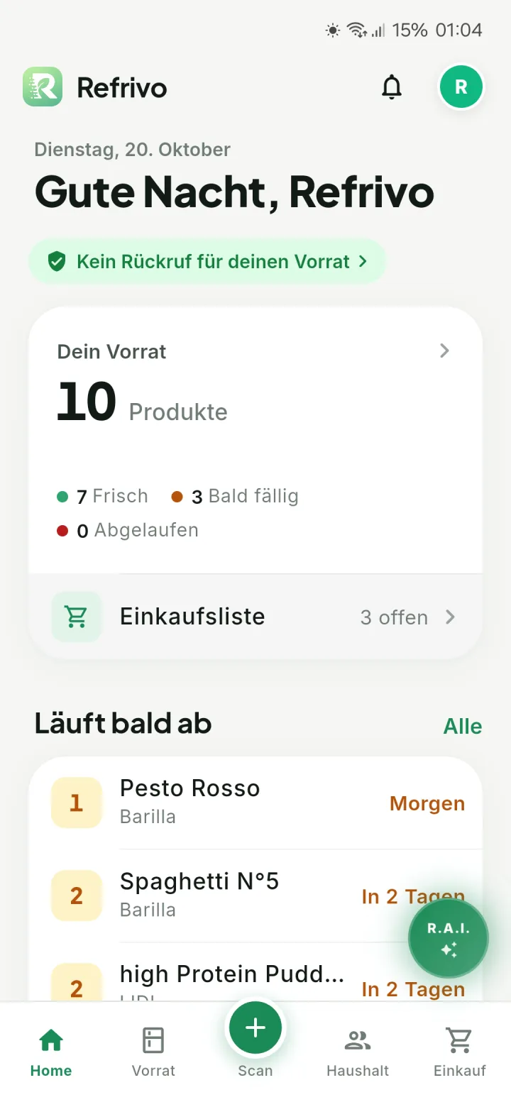 App-Screenshot: Rechtzeitig erinnern. Sicher sein.
