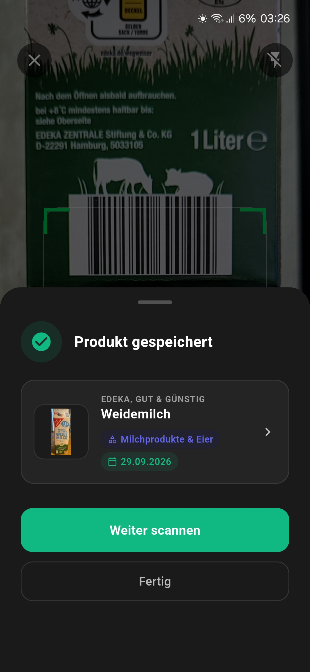 Refrivo – Produkt erkannt (Dark)